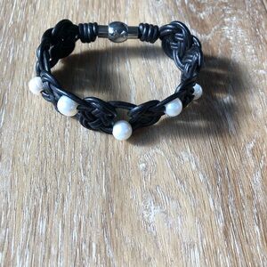 Black Leather Bracelet with Pearls